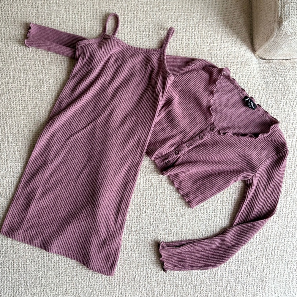 Art Class Girl’s Ribbed Mauve Dress and Cardigan Set